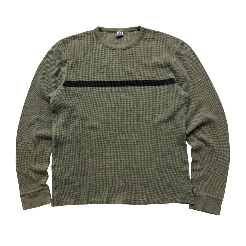 Vintage Gap Factory Waffle Knit Thermal Shirt Olive Green Black Stripe Sz M